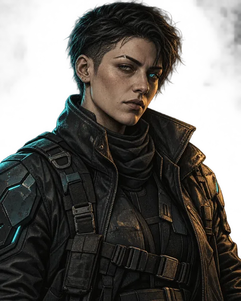 The game's mercenary, with a cybernetic eye and a weathered armored jacket.