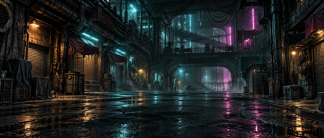 Rain-soaked streets and neon-lit walkways in the Undercity district of Drops.