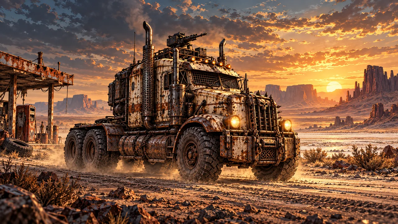 DustBound's armored road train beneath a desert sunset.