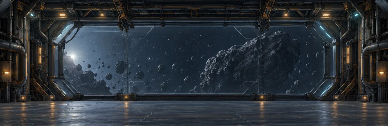 Kestrel's industrial departure hangar, lit by amber lamps and opening onto an asteroid field.