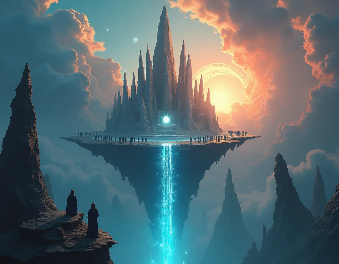A floating cathedral and luminous waterfall in RPGEngine's Shattered Realm.