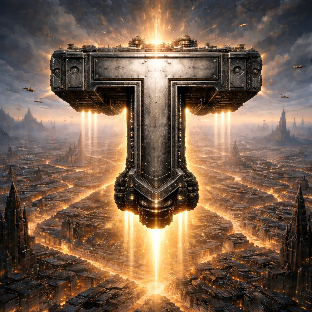 A monumental metal T floats above a sprawling science-fiction city.